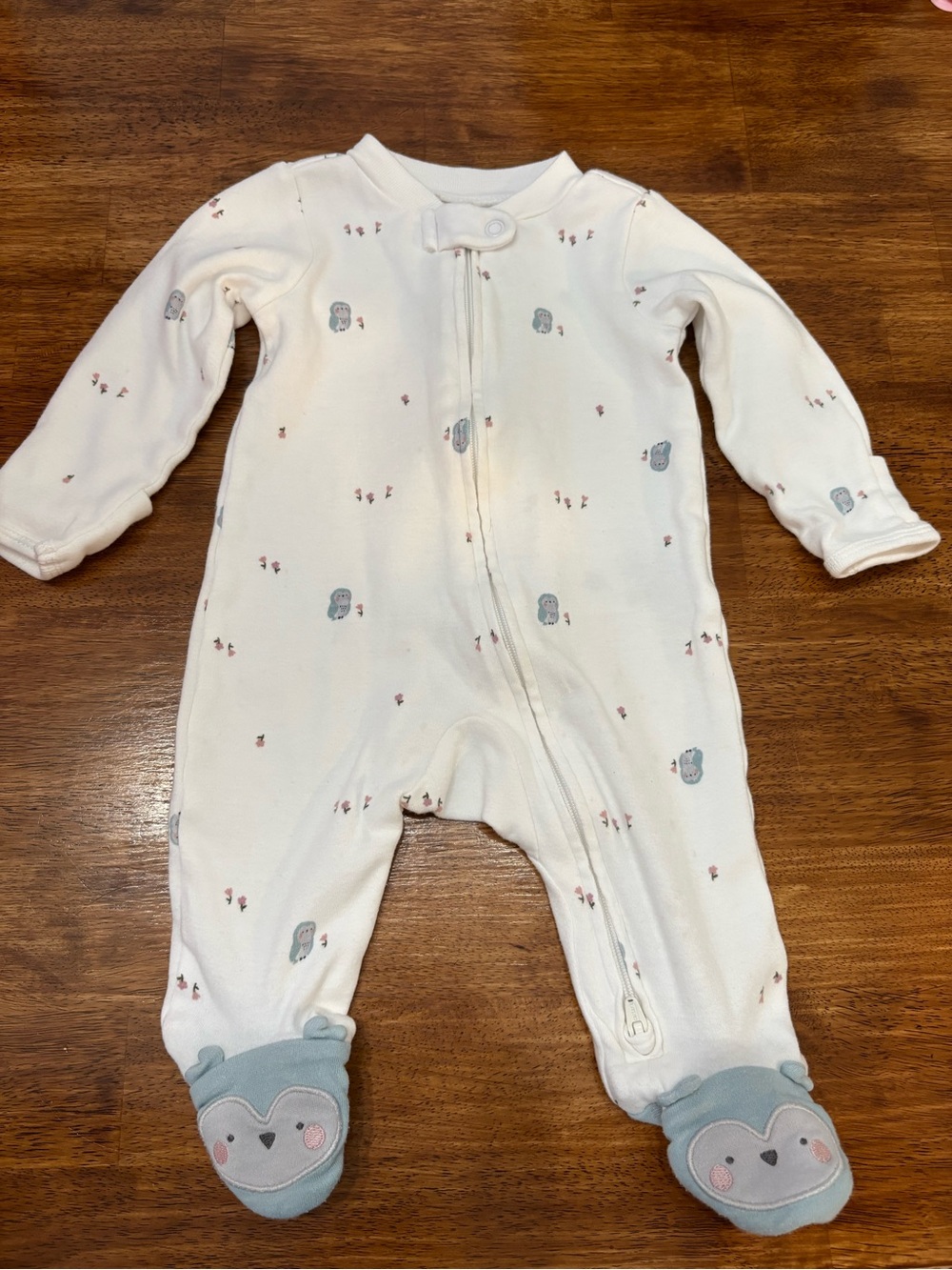 Carter's Cream Footed One-Piece with Blue Owl Accents